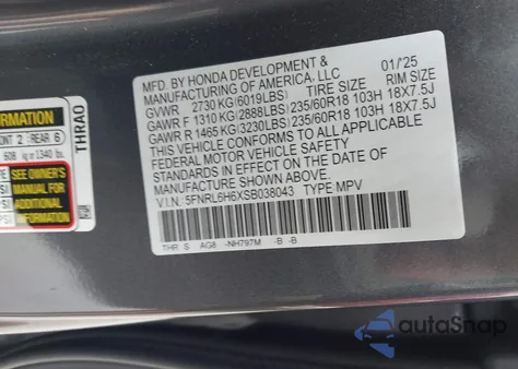 2025 Honda Odyssey Ex-L from USA, damaged, VIN 5FNRL6H6XSB038043